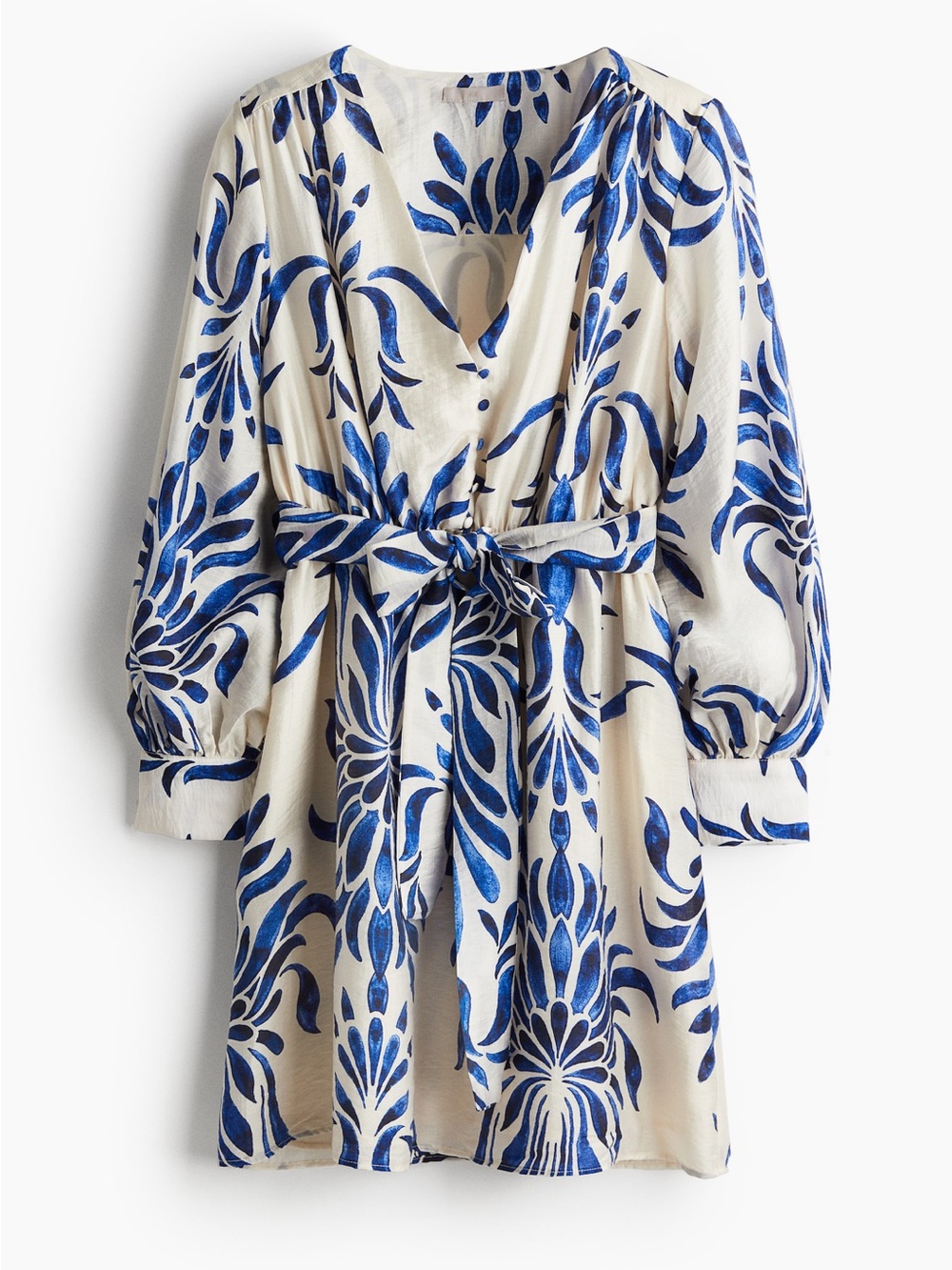 H&M White and Blue Floral Tie–Belt Dress